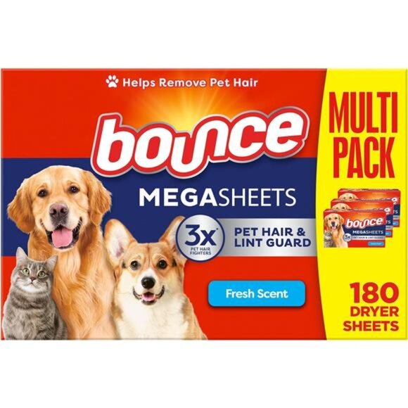 Bounce Pet Hair & Lint Guard Mega Fabric Softener Dryer Sheets with 3X Pet Hair - Picture 1 of 8